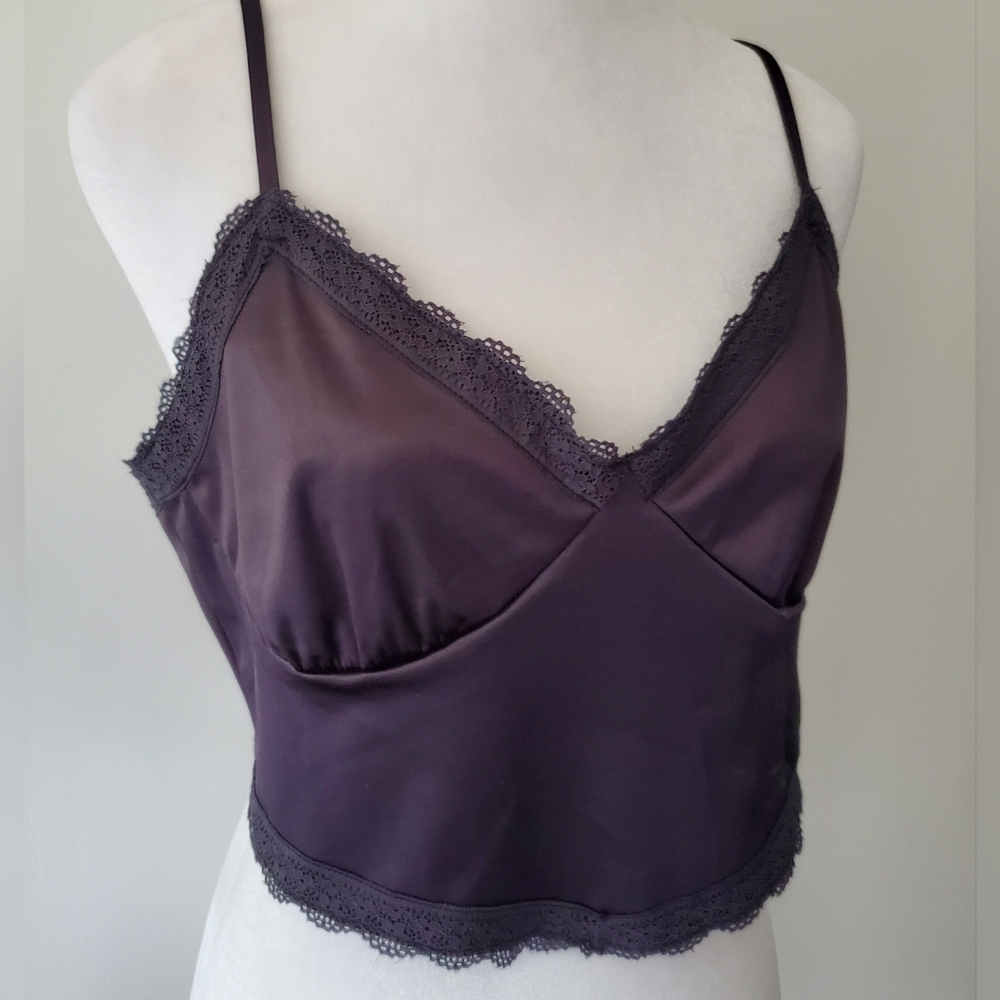 Elegant Black Satin Lace Trim Cropped Camisole Bralette Design Vixen Coquette M